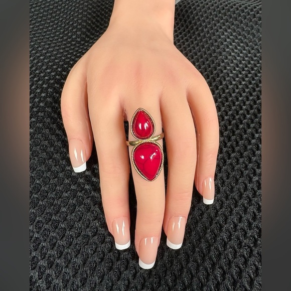 Adjustable Gold Tone Double Teardrop Red Stone Ring - Picture 2 of 7